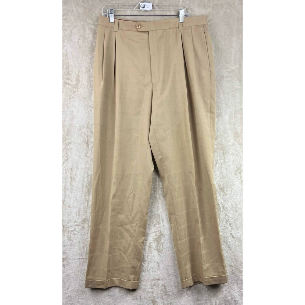 FUBU The Collection Mens 36x34 Tan Wool Pleated Windowpane Cuffed Dress Pants